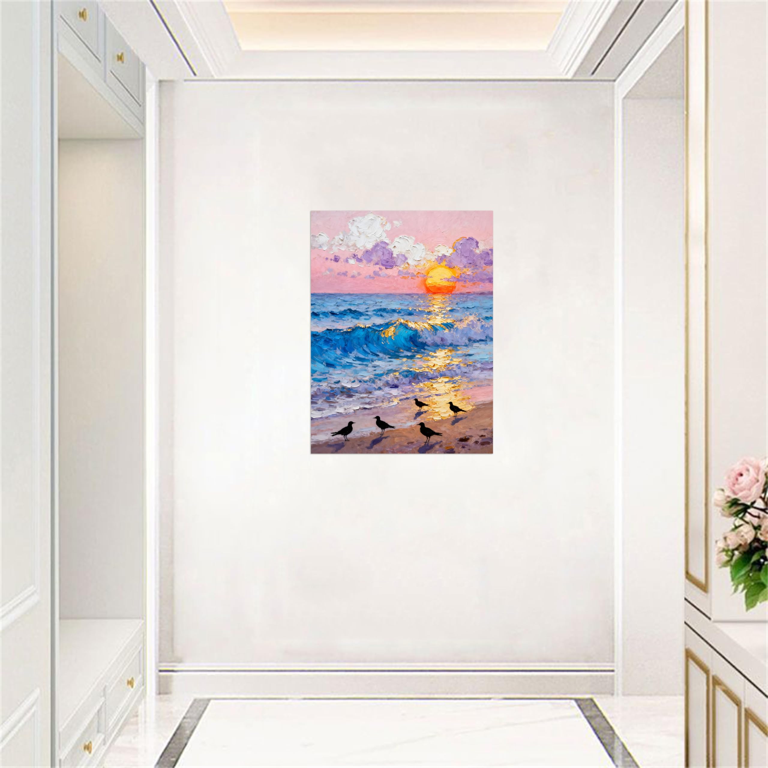 OZPWBVY Modern Leinwandbild-Blau Meer Sonnenuntergang Birds-Landschaftsbilder für Wohnzimmer Büro 90x117cm Ungerahmt