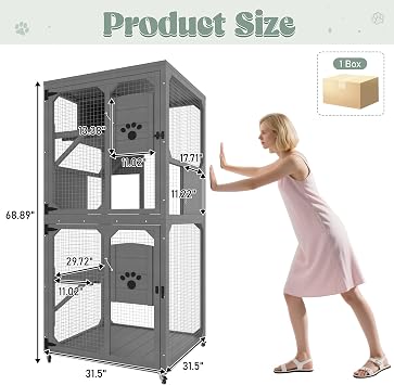 Outdoor Cat Enclosure, 4-Tier Large Cats Cage with Wheels, Window Access and Removable Bottom for Backyards Patios Balconies, Multi-Level Wooden Outdoor Indoor Catio with Resting Box
