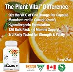 PlantVital Vitamin C - Made in Canada - 1000mg Vegan Capsules - Vit C Supplements helps support immune system, collagen & connective tissue formation, maintenance of bones, teeth & gums - 120 Capsules