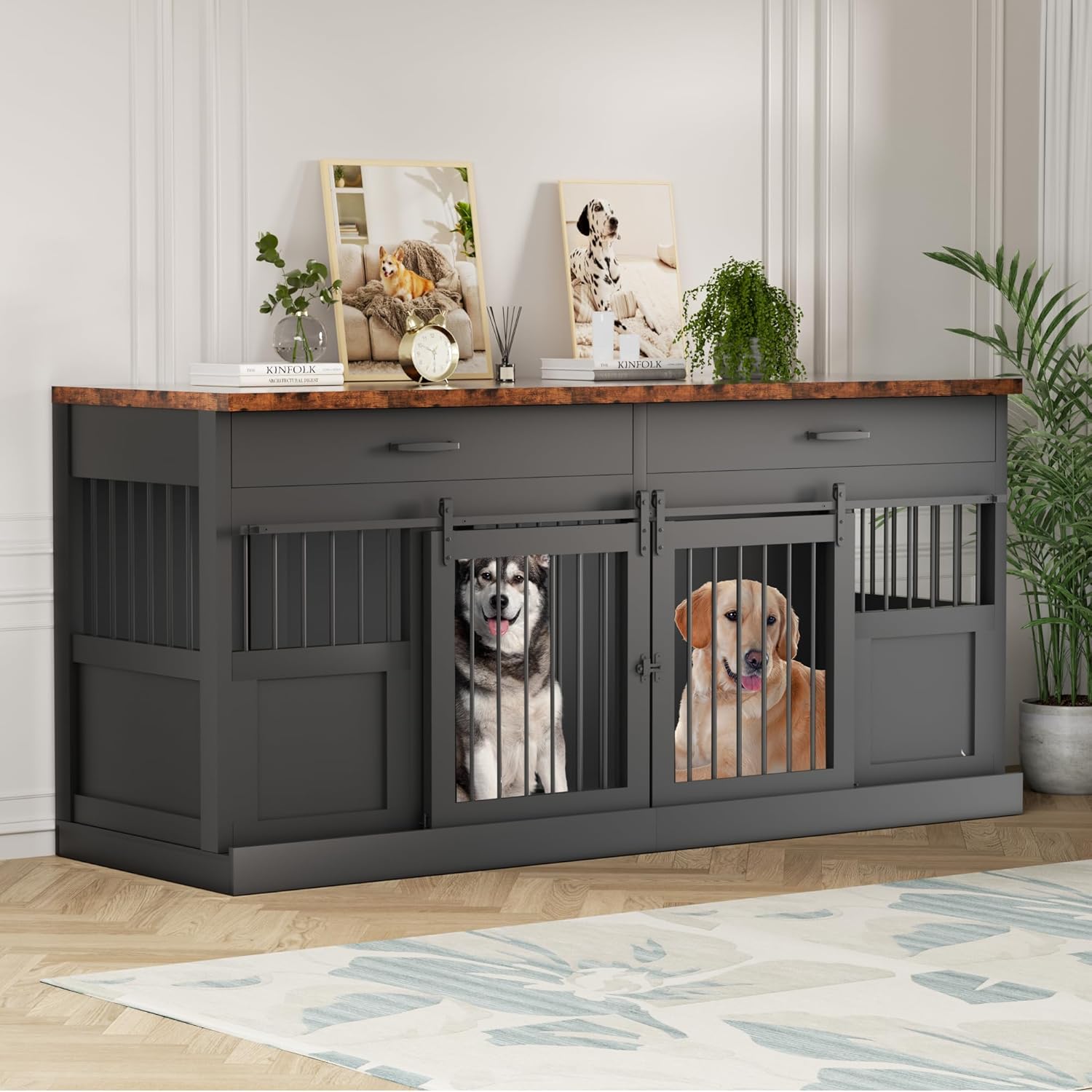 Large Dog Crate Furniture for 2 Dogs 71 inches Decorative Indoor Dog Kennel Furniture with 2 Drawers XXL Heavy Duty Dog Crates Cage Furniture with Removable Divider and Sliding Doors Black