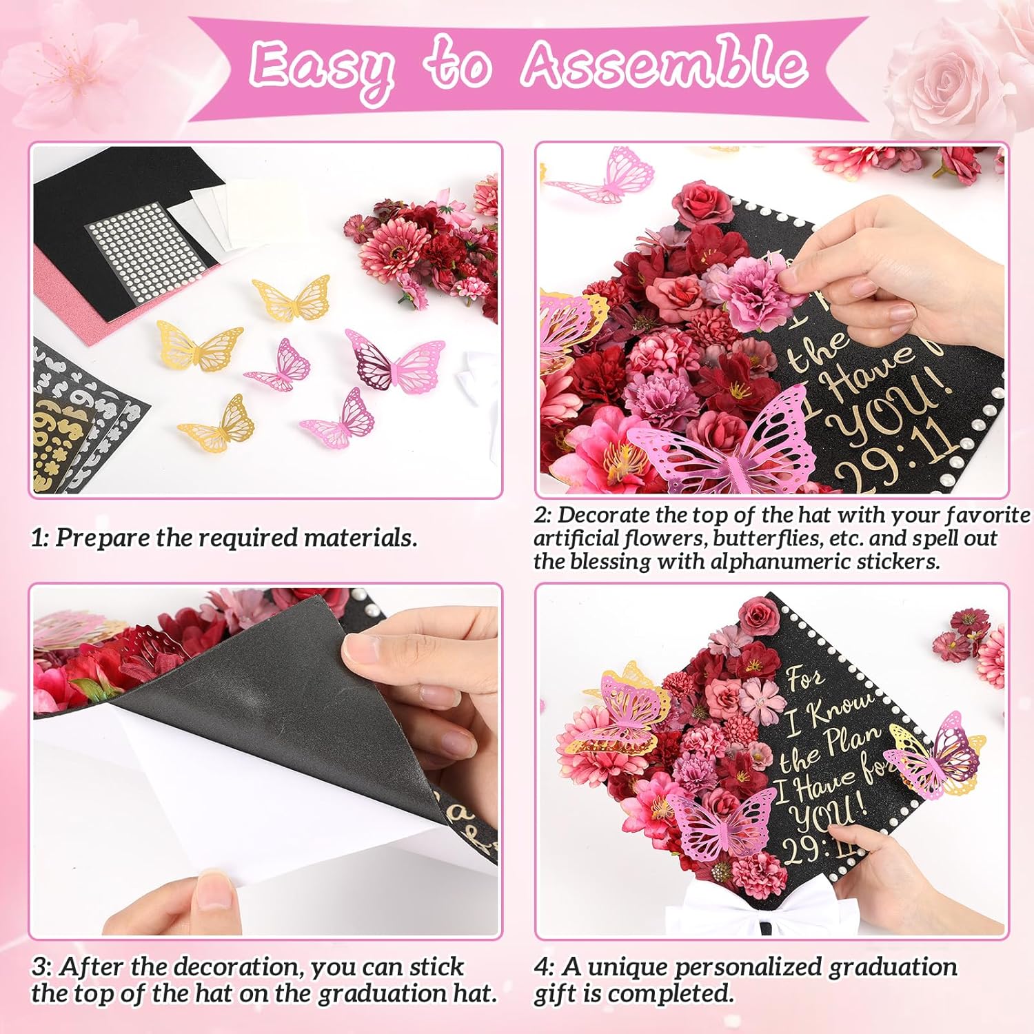 55 Pcs Rose Red DIY Graduation Cap Decorations Faux Assorted Flowers White Bows 3D Butterfly Stickers Glitter Alphabet Letter Number Decals for DIY Hat Grad Cap Topper Graduation Party Supplies