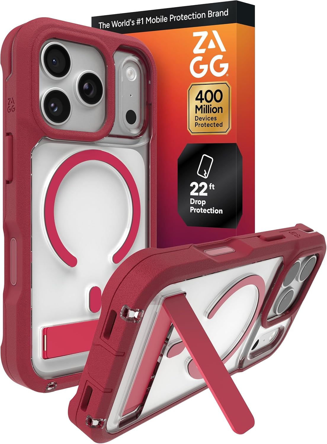 ZAGG Rainier Case with Kickstand for iPhone 17 Pro - Red Black Cherry, Graphene 22ft (7m) Drop Protection, Lanyard Attach Points, MagSafe, Wireless Charging Compatible, 2-Piece Design, Phone Case