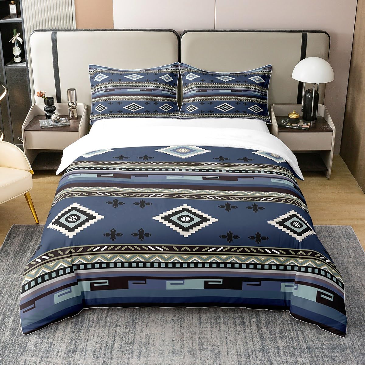 Housse de couette géométrique bleue marine pour créer un cocon amérindien enfant
