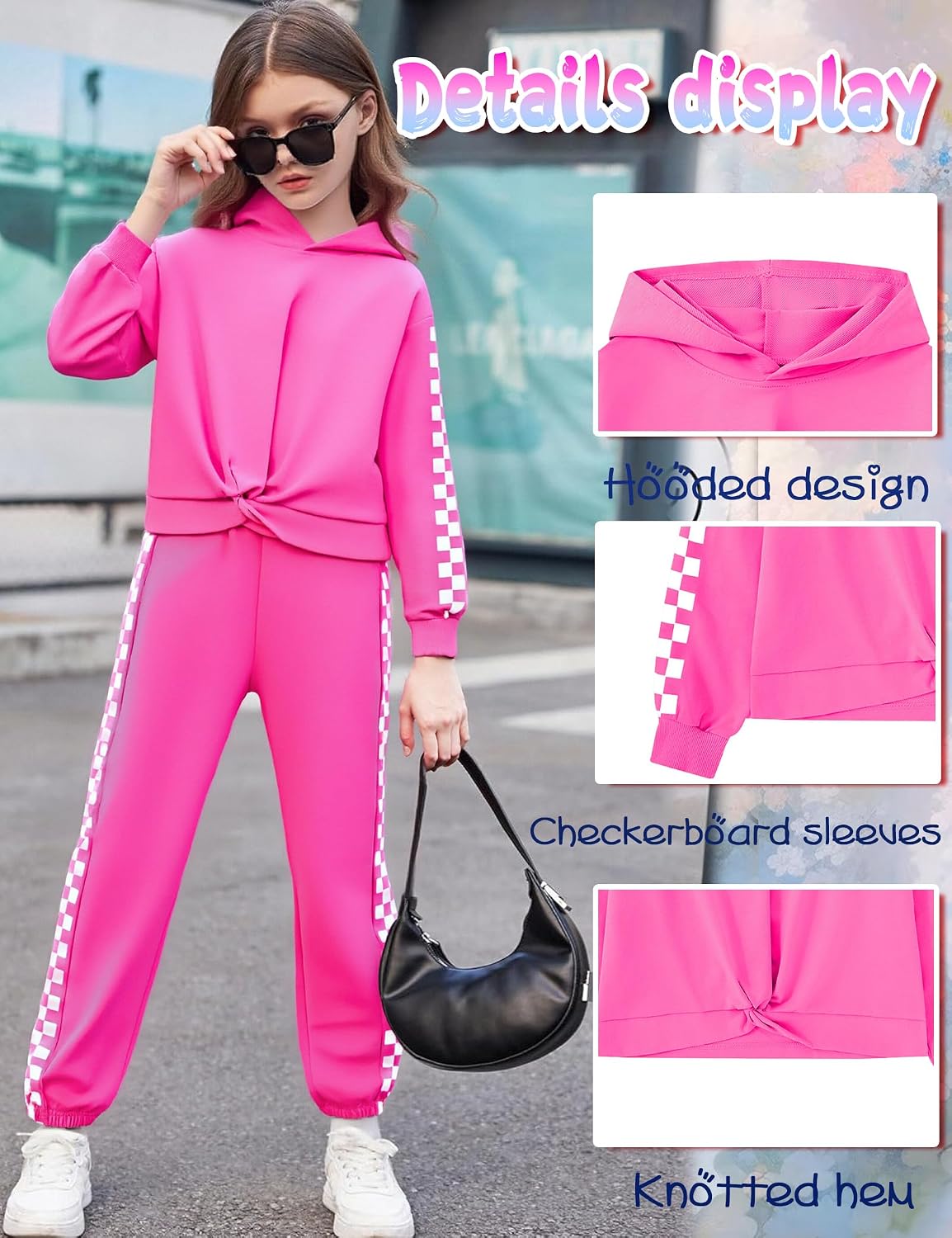 Girls 2 Piece Tracksuit Set Checkerboard Stripe Hoodie Sweatshirt and Pants Athletic Lounge Outfit 6-16Y
