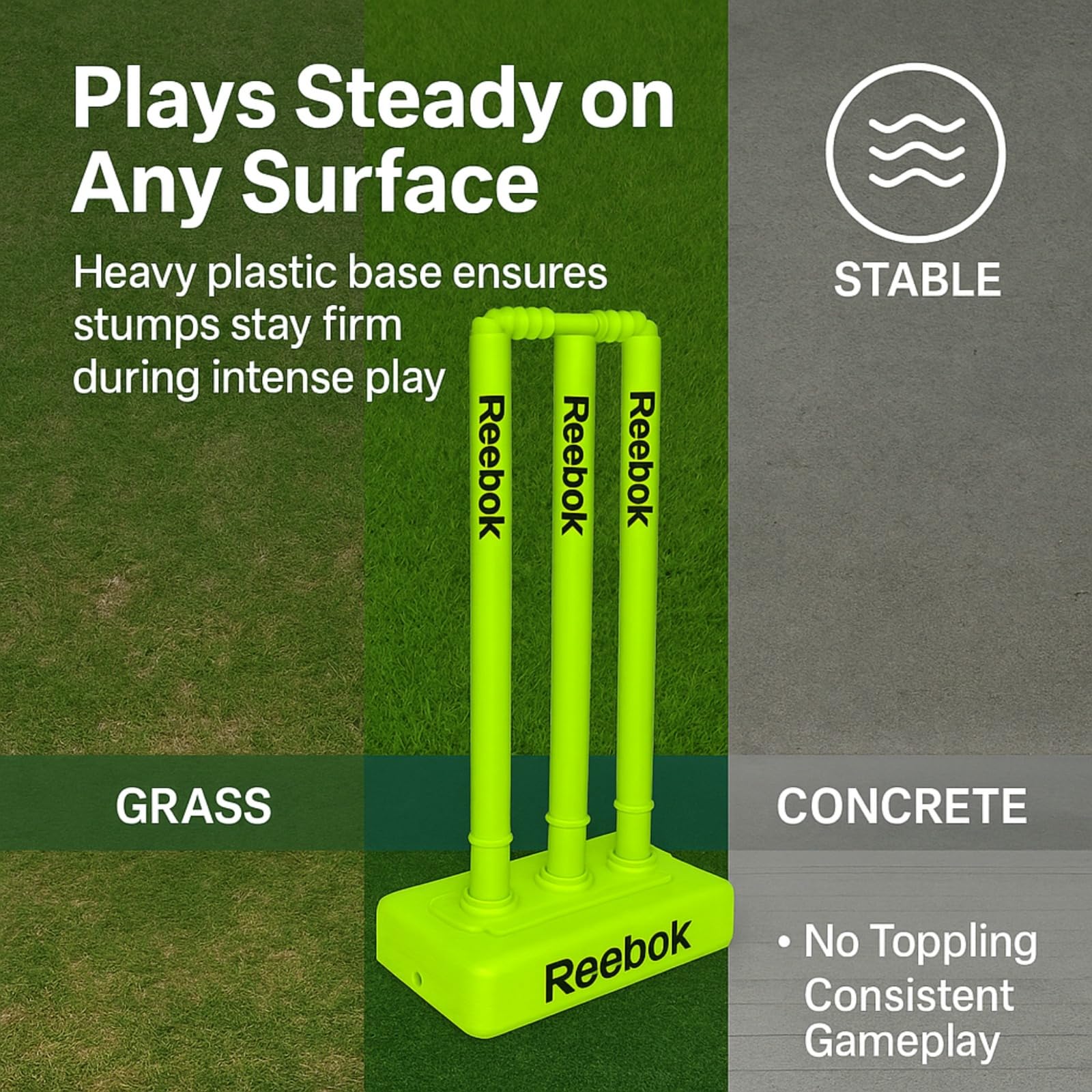 Reebok Ensemble de souches de cricket avec bélières – Base lourde, housse de transport de qualité supérieure, souches en plastique durable pour la pratique du cricket en extérieur et en intérieur