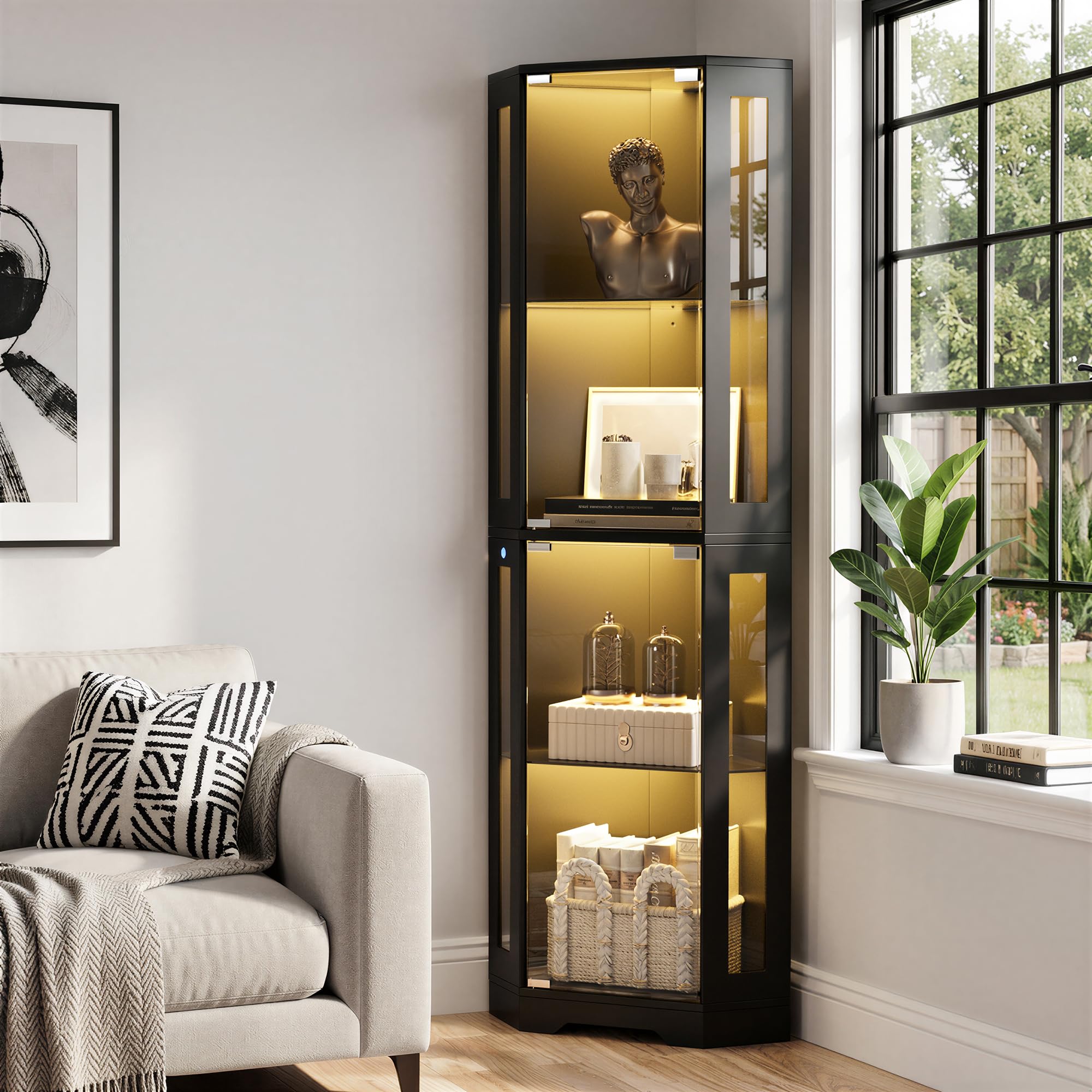Vitrina esquinera de 4 Niveles con Puertas de Cristal para Dormitorio/Estudio, Vitrina de Cristal de 165cm con iluminación LED para coleccionistas y Sala de Estar, Negro