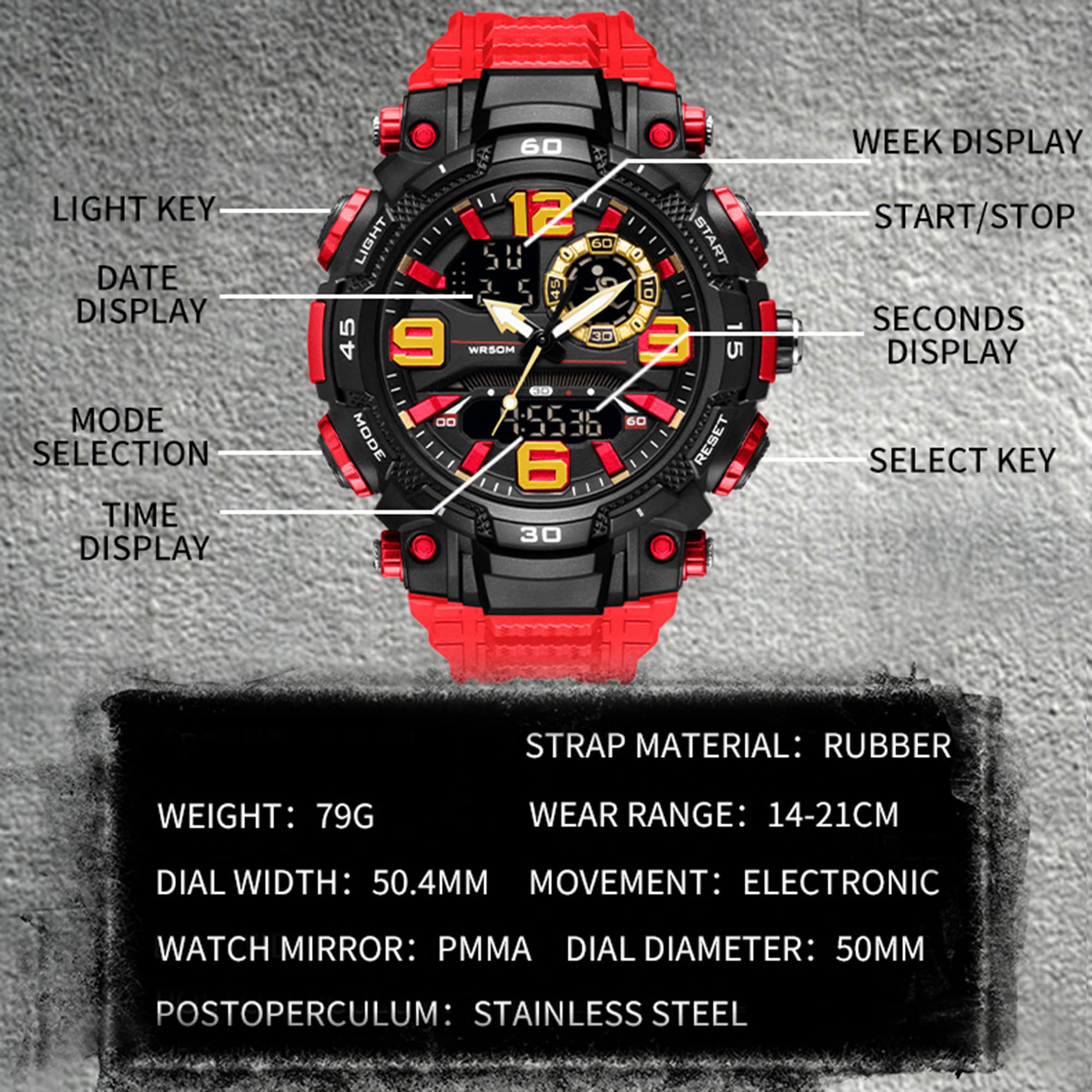 Orologio militare da uomo digitale da 50 m, impermeabile, sportivo, digitale, per esterni, con cronometro, sveglia, data, luce militare, orologio digitale sportivo per uomini