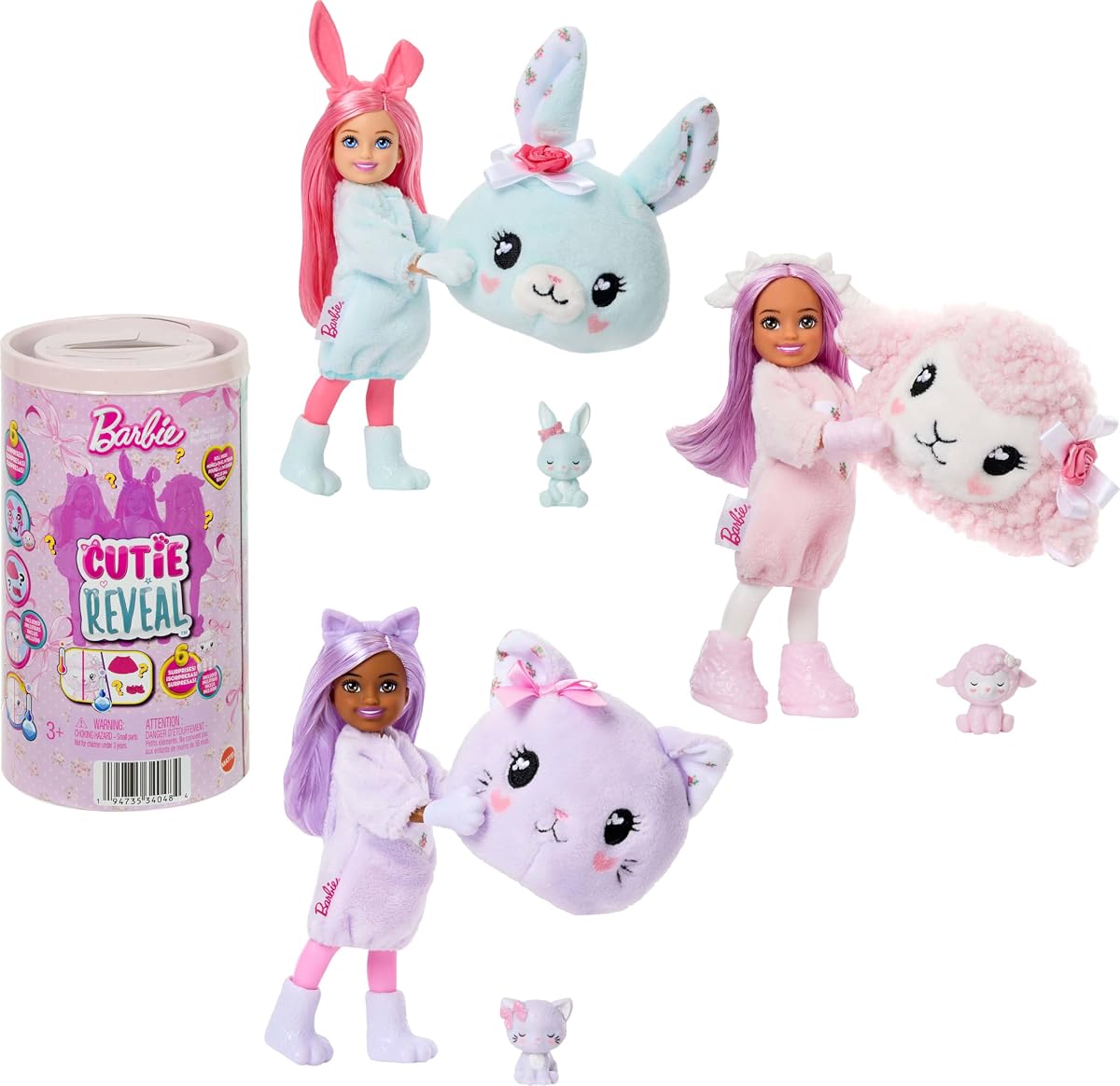 Barbie Cutie Reveal Cuddly Series Chelsea muñecas pequeñas y accesorios con 6 sorpresas que incluyen cambio de color y mini mascota (los estilos pueden variar)