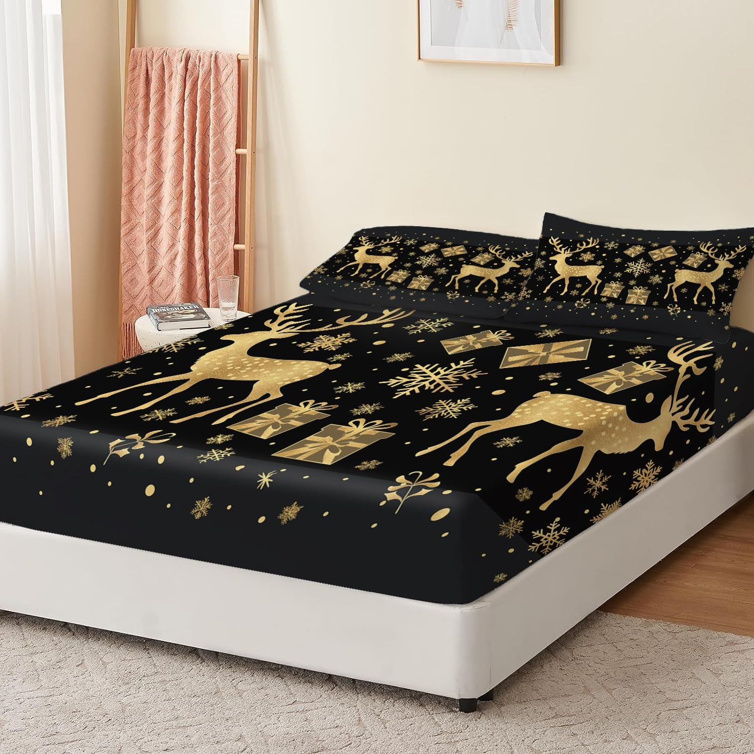 Lenzuola con angoli stampati traspiranti con cervo natalizio dorato, facili da pulire, lavabili in lavatrice, morbide lenzuola dorate con federe, misura king size con angoli profondi 160x200 cm