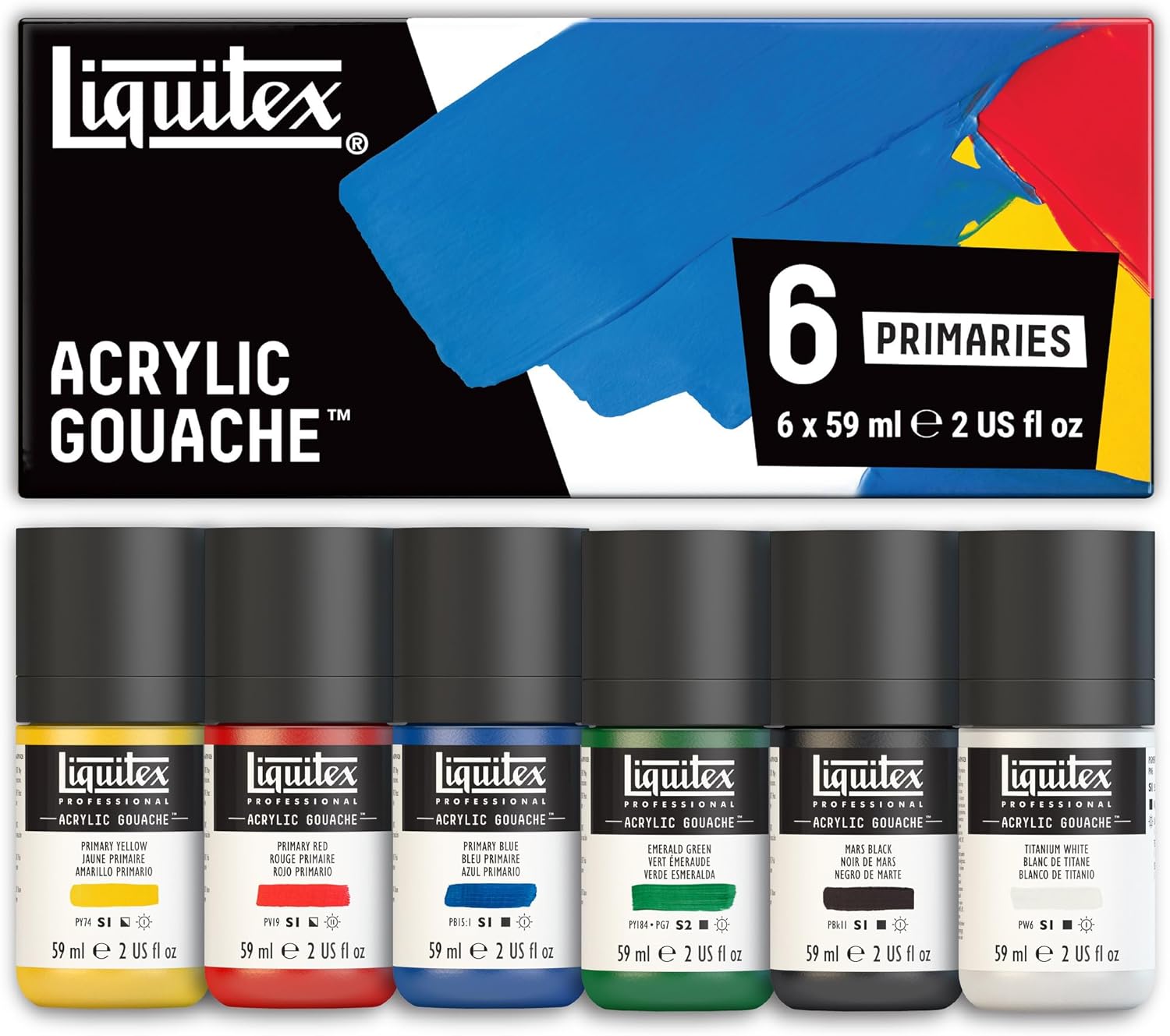 Liquitex Professional Acrylic Gouache Paint, 6 x 59ml (2-oz), Primaries Set