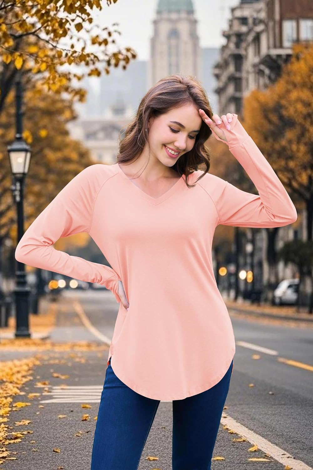 YUCOLEN Womens Tunic Tops for Leggings Loose Fit Long Sleeve Shirts with Thumb Holes Cotton V-Neck T-Shirts - Image 5