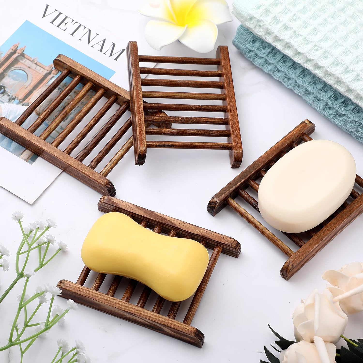Bamboo Soap Dish Holder Wood Soap Tray Saver Wooden Hand Craft Case for Shower Rectangular Bathtub Shower Dish Accessories Soap for Home Bathroom Kitchen Hotel Soaps Sponges (100 Packs)
