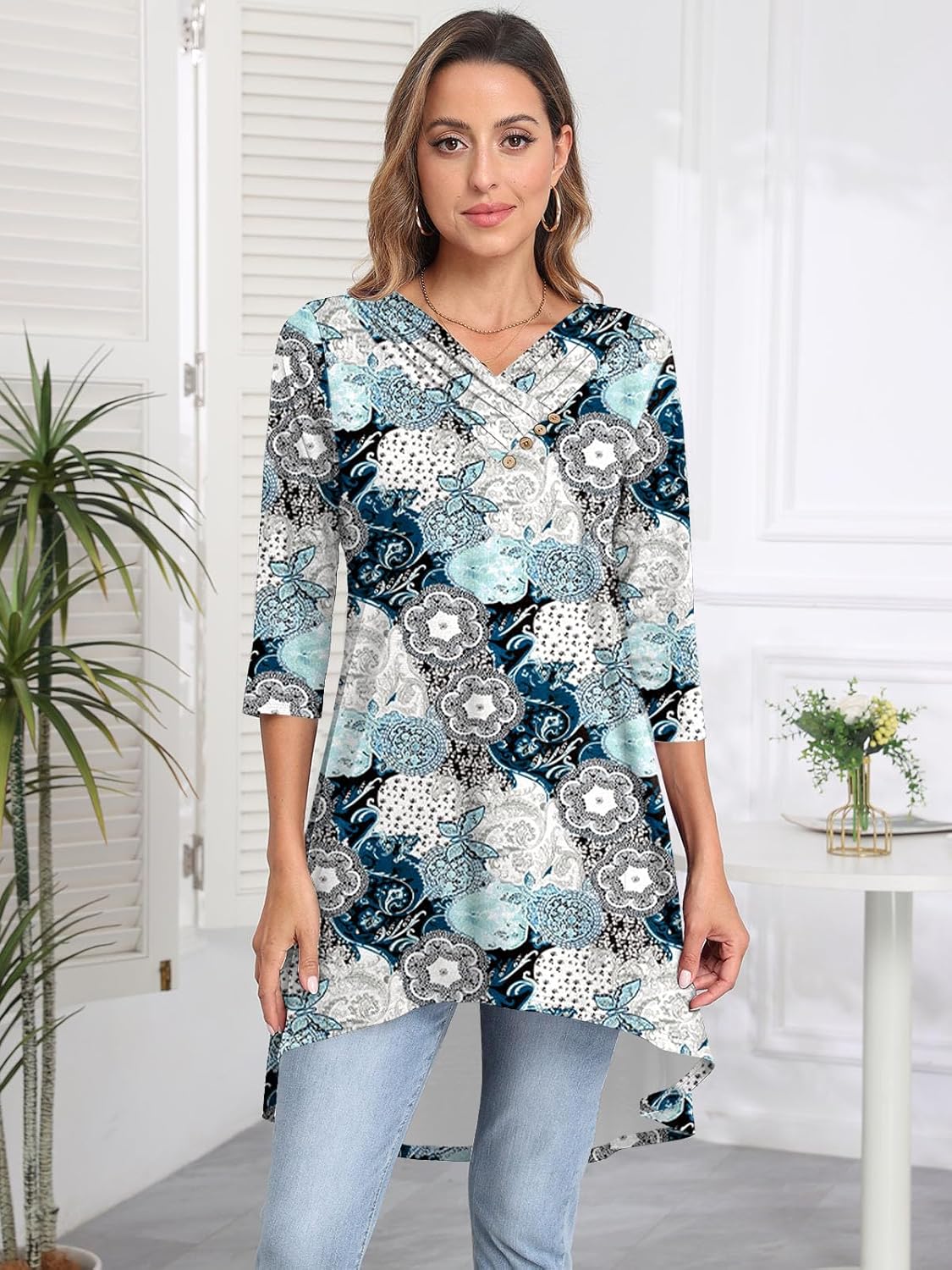 Naggoo Womens Long Shirts for Leggings 3/4 Sleeve Tunic Tops Loose Fit Dressy Casual V Neck High Low Tops Button Decor - Image 3