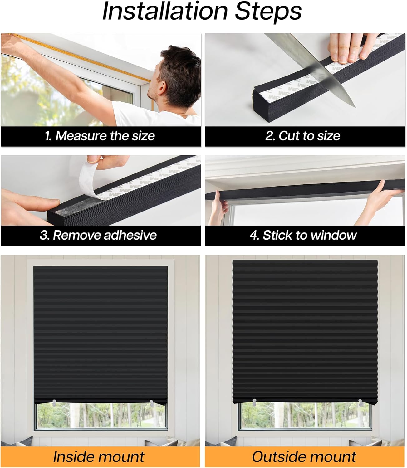 LazBlinds No Tools No Drill Cordless Lift Cut to Size Pleated Paper Blinds for Windows, Blackou Clip On Self Adhesive Temporary Window Blinds for Home(36" W x 72" H x 6 Pack, Black)