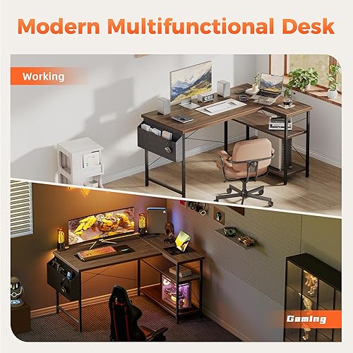 Miniatura 9 de Mericonia Escritorio pequeño en forma de L para computadora con tomas de corriente, escritorio de juegos para espacios pequeños, escritorio de