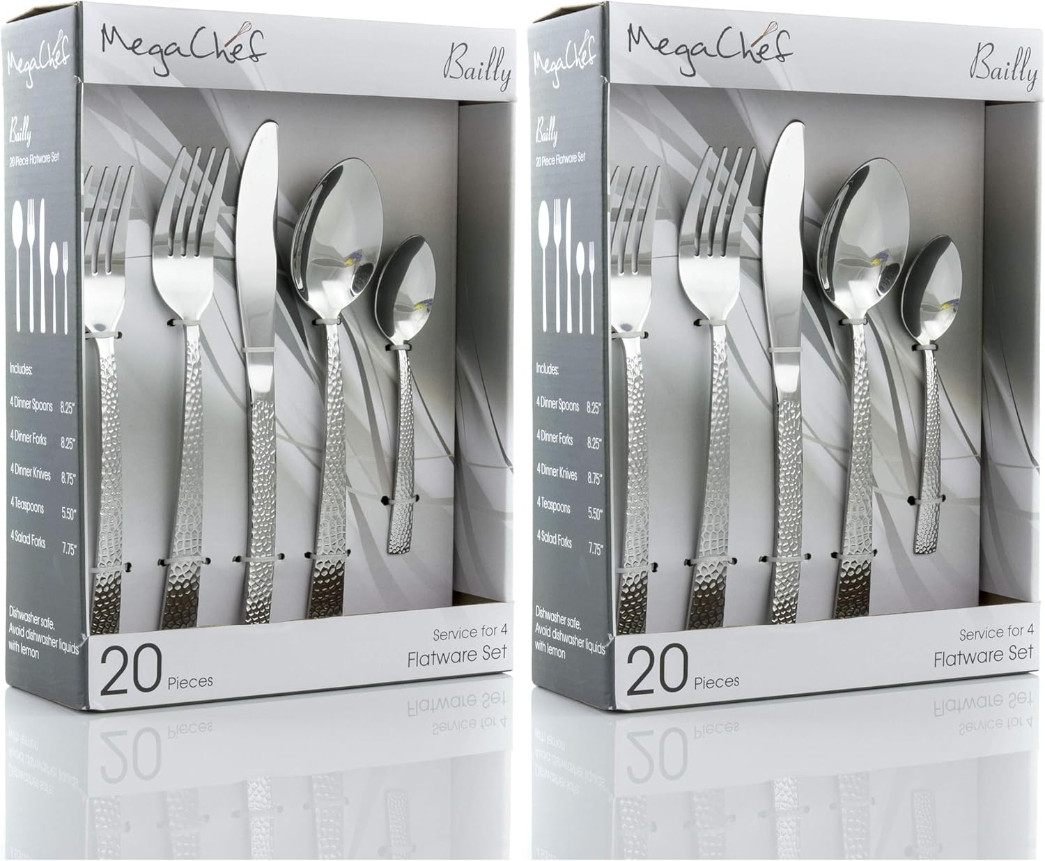 MegaChef Baily 20 Piece Flatware Utensil Set, Stainless Steel Silverware Metal Service for 4 in Silver (Pack of 2)