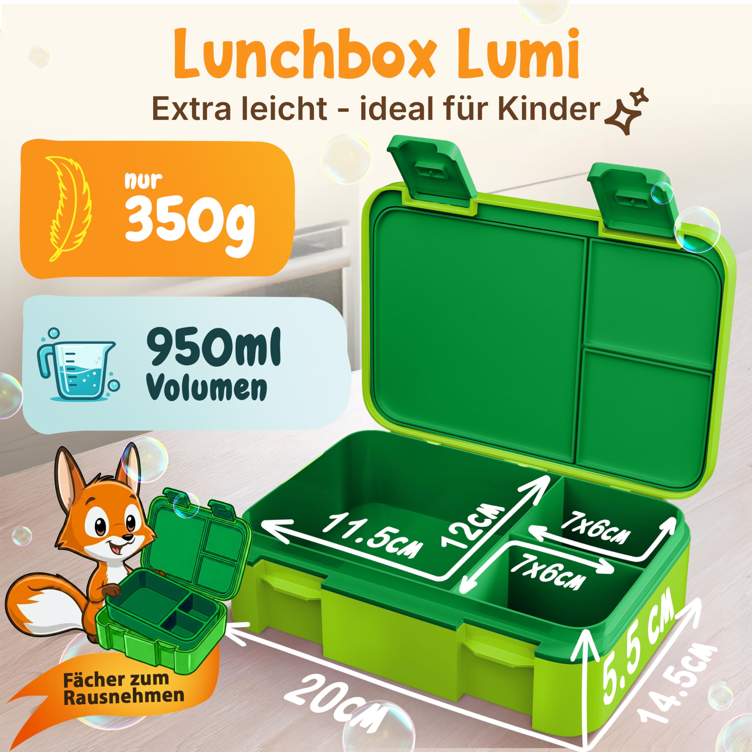 Funkelfuchs LUMI | Brotdose Kinder mit Fächern – 950ml, Grün | Lunchbox BPA-frei für Schule & Kindergarten |Super leicht, nur 350g |Auslaufsicher, Spülmaschinengeeignet | Bento Box, Snackbox, Brotbox