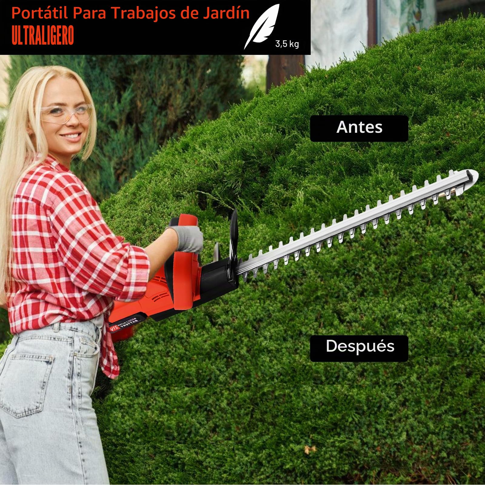 Cortasetos Inalámbrico de 21V con 2 * 3000 mAh Baterías y Cargador, Longitud de la Hoja de 51cm, Separación Entre Dientes, Eléctrico, para Podar Arbustos Mantenimiento del Jardín