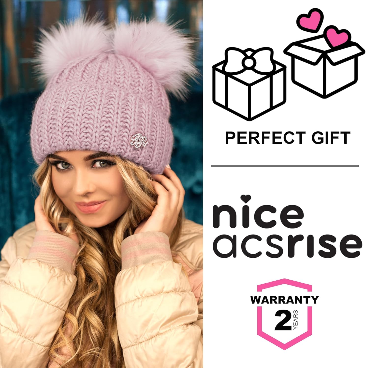 Beanie Women - 2 Pom Cable Knit Winter Warm Fleece Hat - Wool Snow Cuff Ski Cap - Image 7