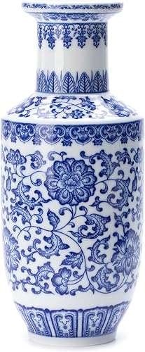 Blue and White Vase, Blue Vases Home Décor, Chinoiserie Vase, Blue and White Porcelain, Ceramic Vase for Home, Living Room, Bookshelf, Mantle Fireplace,Table Centerpieces,10 inches
