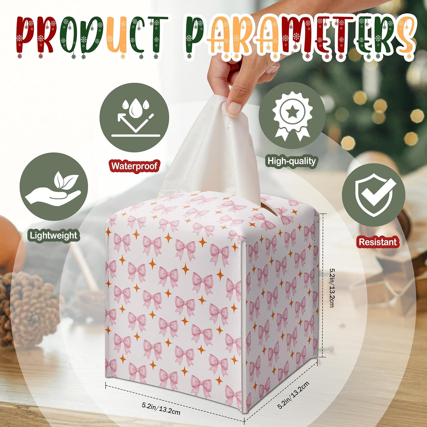 Cute Pink Bow Decor Tissue Box Cover Modern Square Leather Tissue Case Holder Gifts for Women Family and Friends, Decorative Holder/Organizer for Bathroom Kitchen Nightstand Office Home - B50 image 2