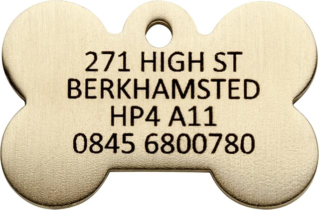 Brass Pet Tags Engraved for Dogs & Cats | Laser Engraved | Personalised pet ID Tag | Bone (Small) | Includes Postage and Strong Brass Split Ring