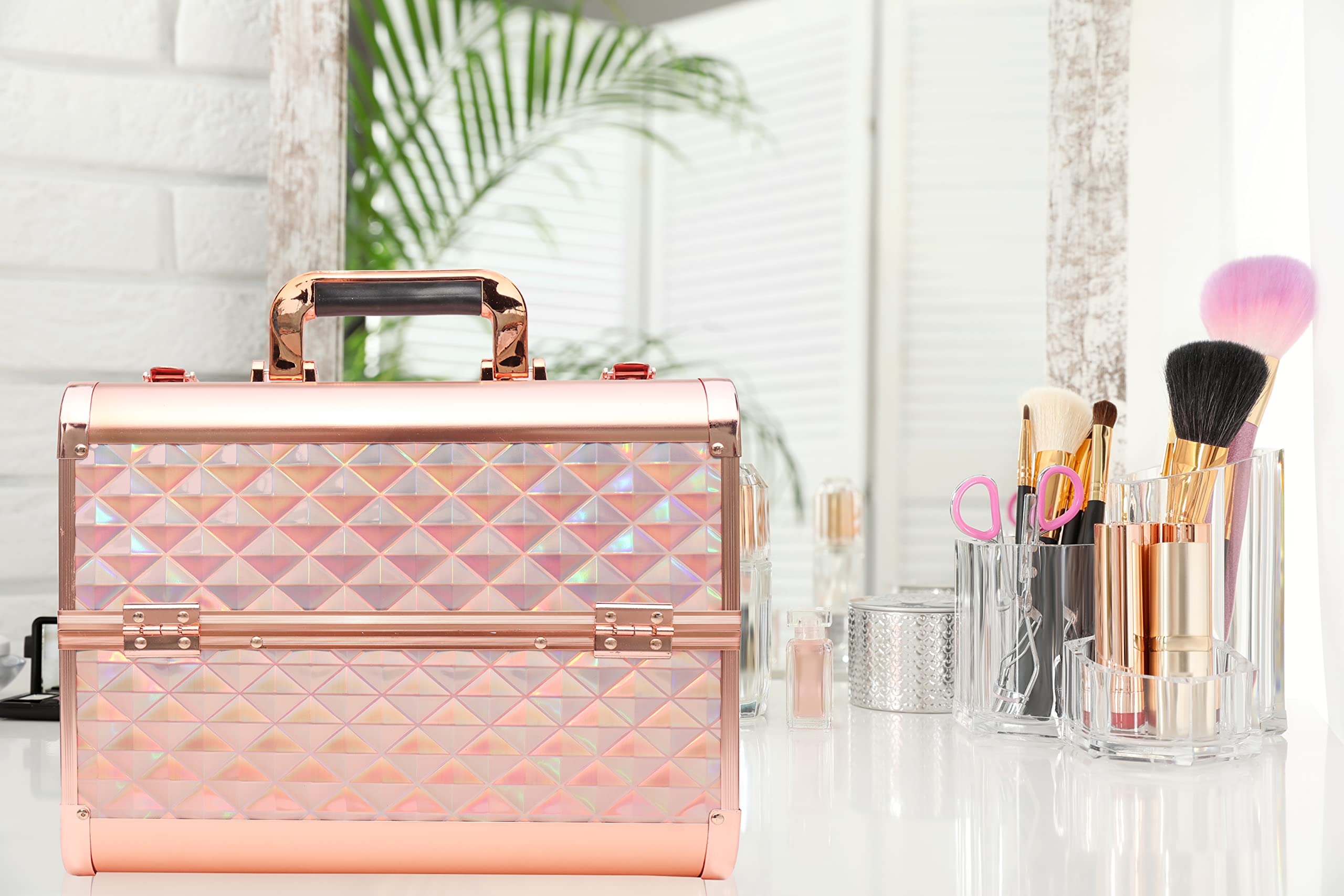 Adson Professional Makeup Box Cosmetics Case Jewelry Organiser Vanity Make Up Storage Box Beauty Train Case Lockable with Keys (Copper) - Image 9 thumbnail