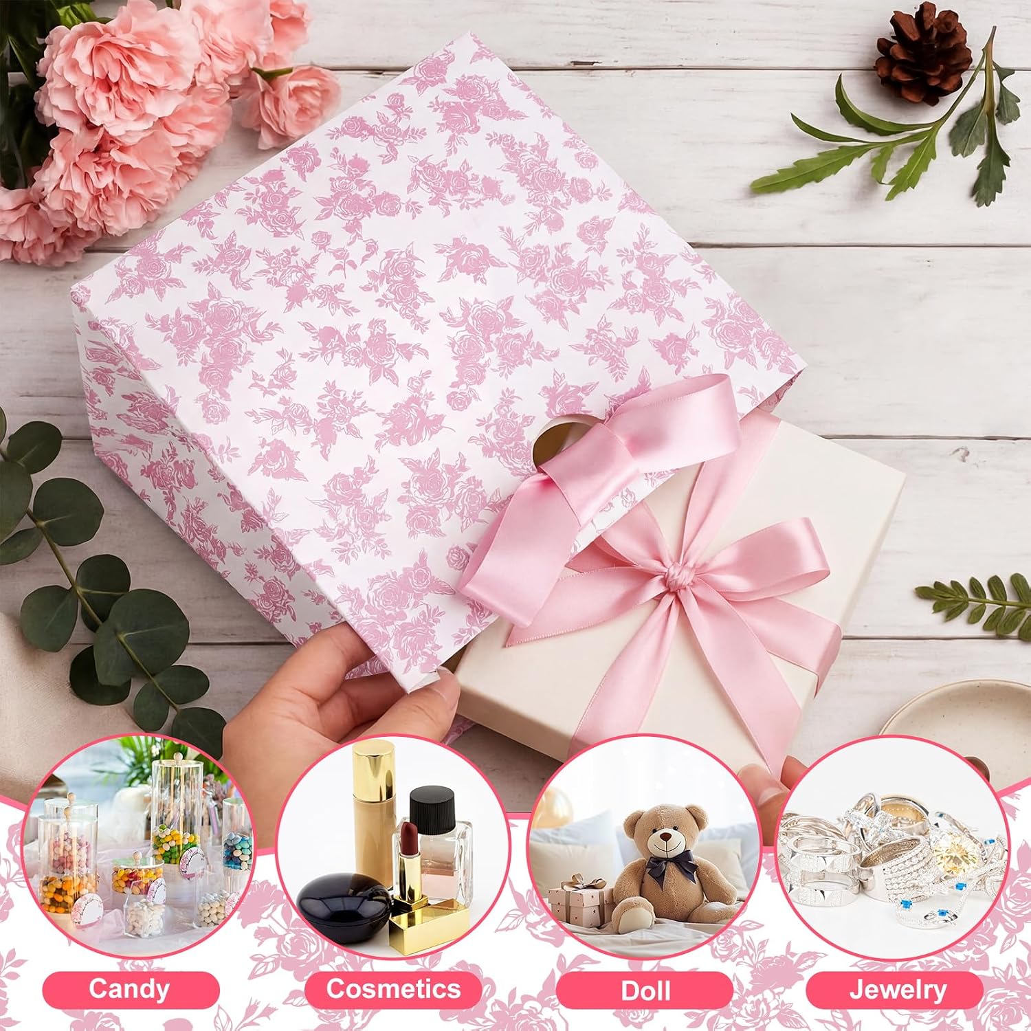 10 Pcs Small Pink Floral Gift Bags with Ribbon Handle 7.9" x 3.5" x 7.1" Pink White Bridesmaid Gift Bag Reusable Present Wrap for Wedding Graduation Birthday Bridal Baby Shower Party Supplies