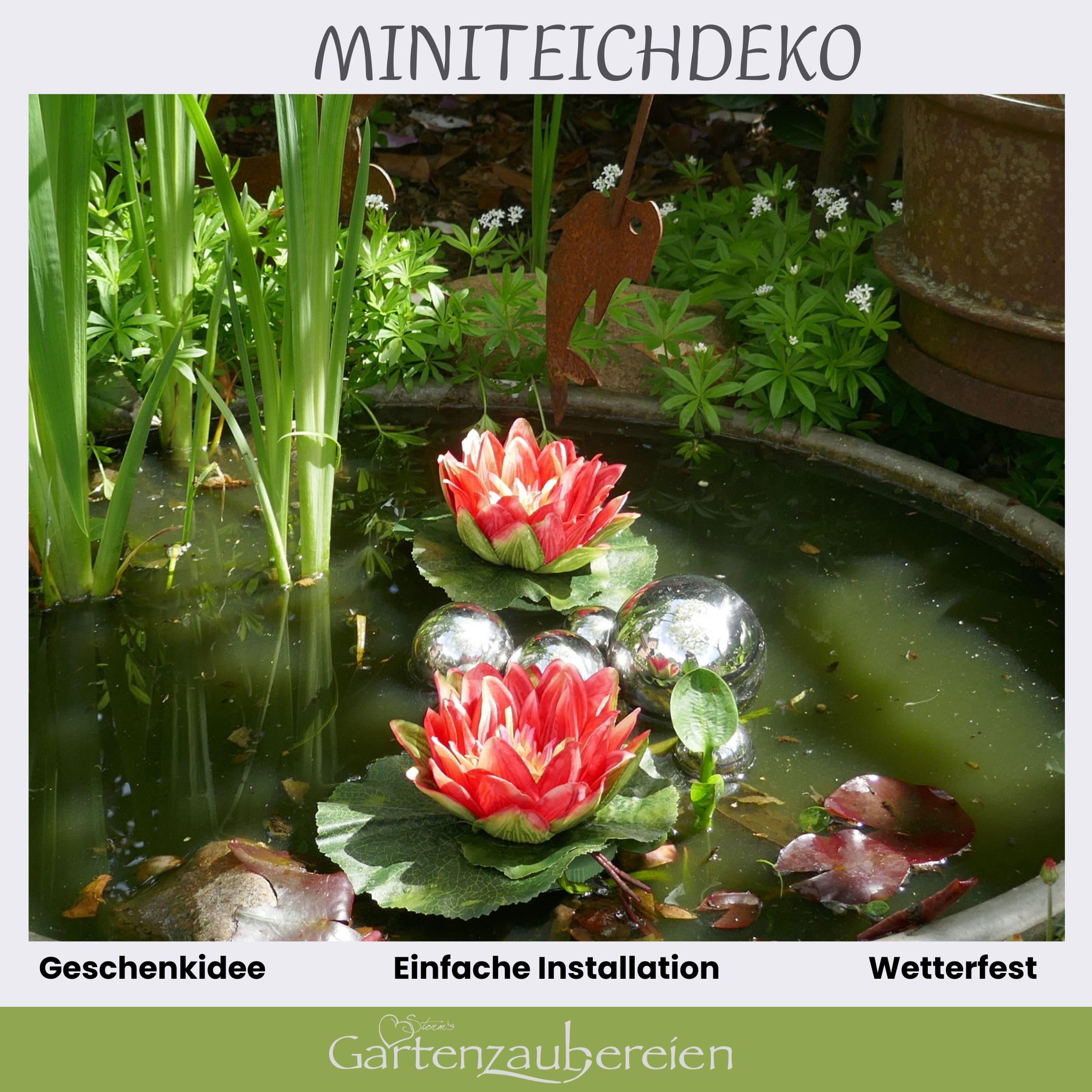 Miniteich Komplettset mit 2 künstlichen Seerosen rot Schwimmkugeln - Teichkugeln in Silber für Teiche und Miniteiche als Teichdekoration