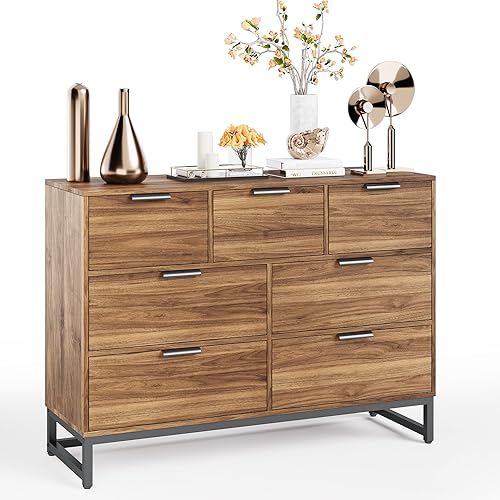 AWQM Cómoda larga con 7 cajones, torre de almacenamiento de armario de madera, armario de gran capacidad, organizador de aparadores de