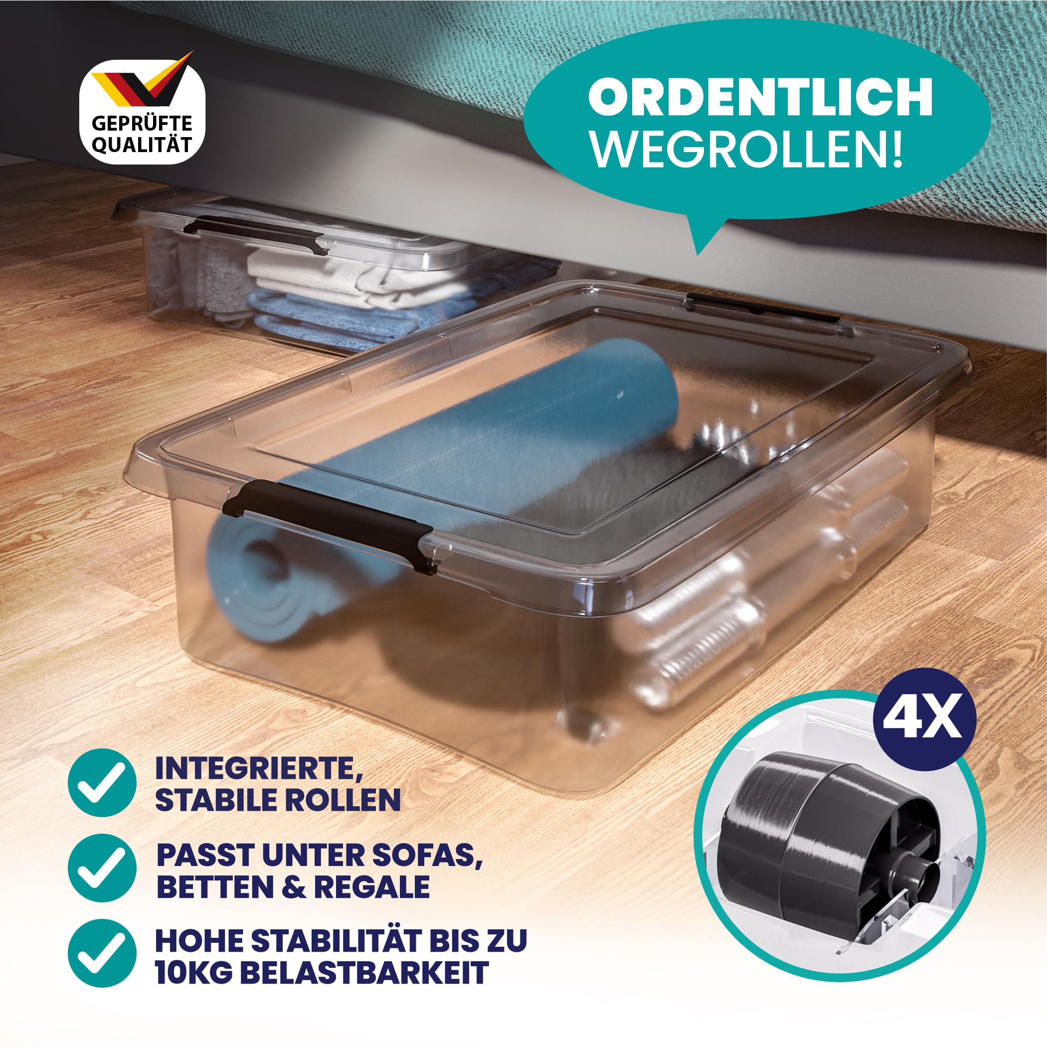 Deuba® Aufbewahrungsboxen 4 x 30l mit Deckel und Rollen, stapelbar, transparent Kunststoff BPA-frei Klickverschluss, RB60 für Büro, Garage, Waschraum