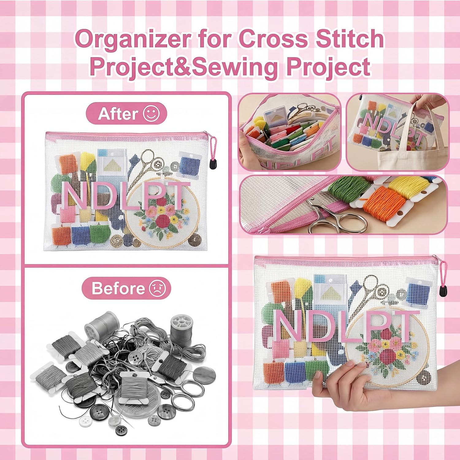 Sabary 4 Pcs Needlepoint Project Bag Set NDLPT Clear Mesh Zipper Pouch Sewing Bags Organizer Storage for Embroidery Quilter Crafter Art Stitching Gift,13.6‘’x9.6‘’ + 11.6‘’x8.4‘’ (Pink)