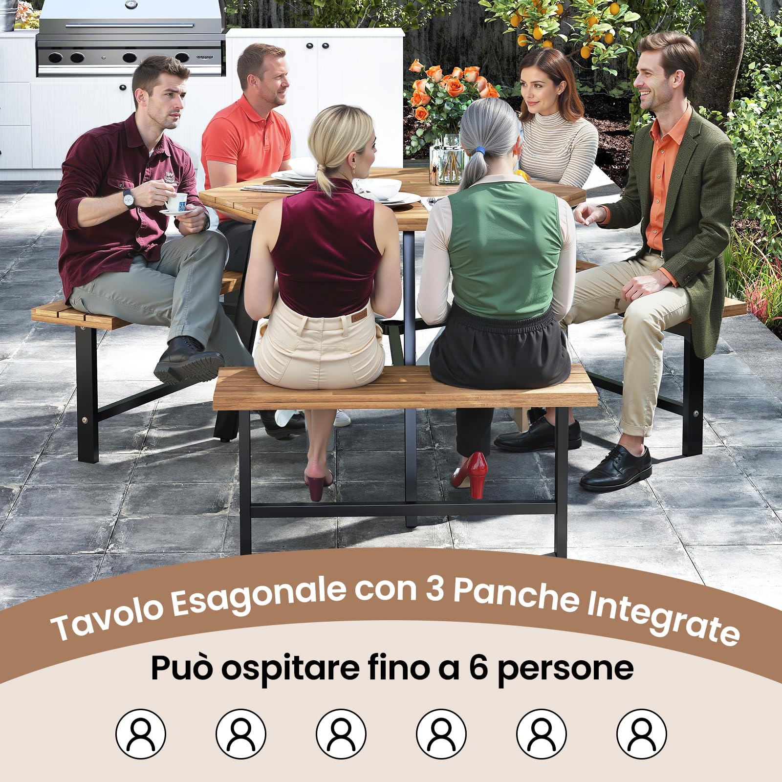 RELAX4LIFE Tavolo da Picnic per 6 Persone in Legno di Acacia con Panchine Incorporate, Set da Tavolo da Pranzo Esterno con Foro per Ombrellone e Struttura in Metallo per Patio, Giardino, Bordo Piscina