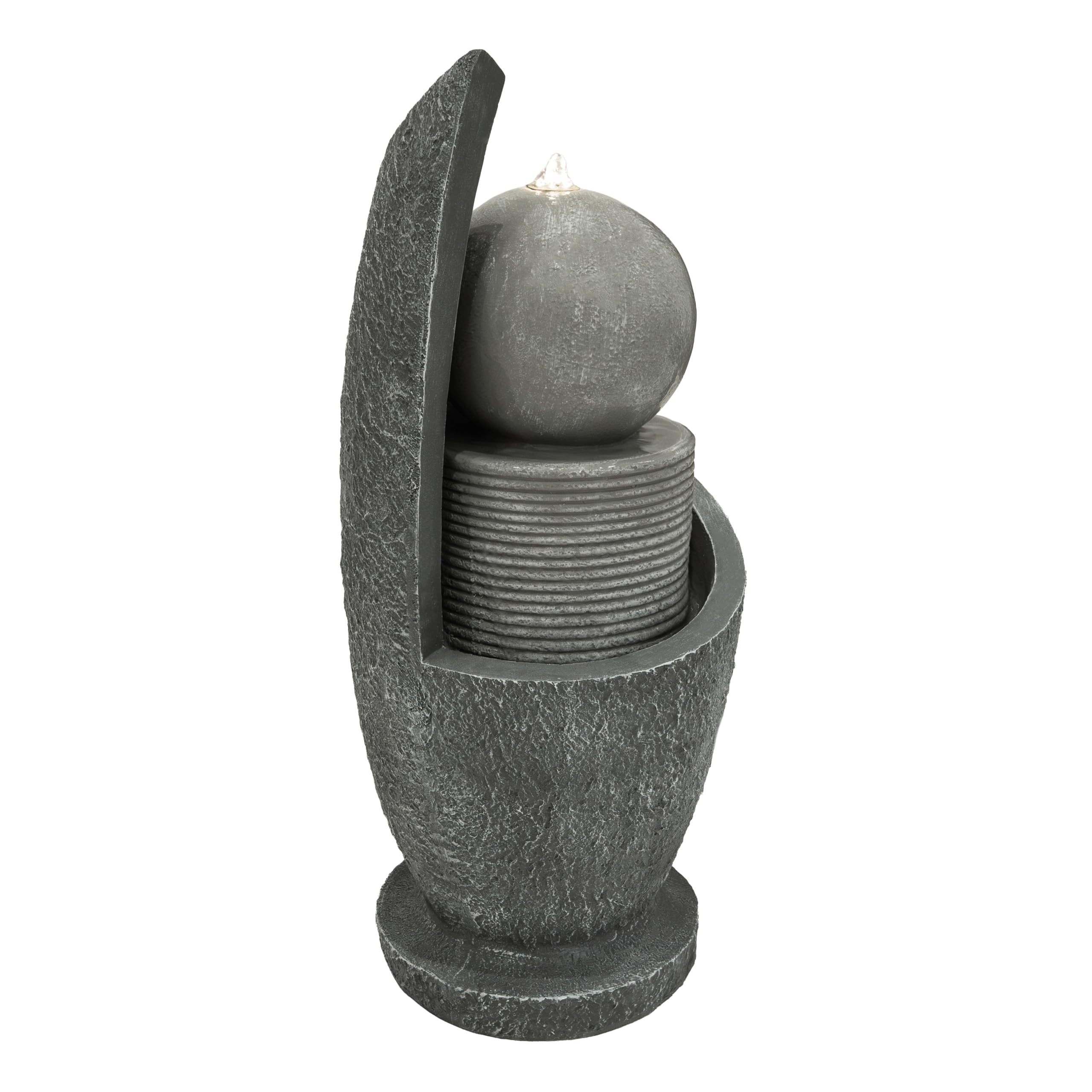 Fontaine de Jardin Cascade Électrique Extérieure Polyresine Gris 4 Lumières LED Blanc Chaud Pompe à Brancher Câble de 7 m Statue Droit Décor Maison Terrasse Zen Cascade [Brosse de Nettoyage INCLUS]