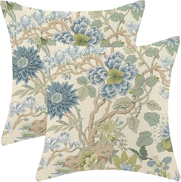 CXMEIFLY Chinoiserie Floral Pillow Covers 16 x 16 Inch Set of 2 Vintage Blue Green Flowers Decor Throw Pillows Retro Rustic Outdoor Farmhouse Linen Decorative Pillowcases for Couch Bed Sofa