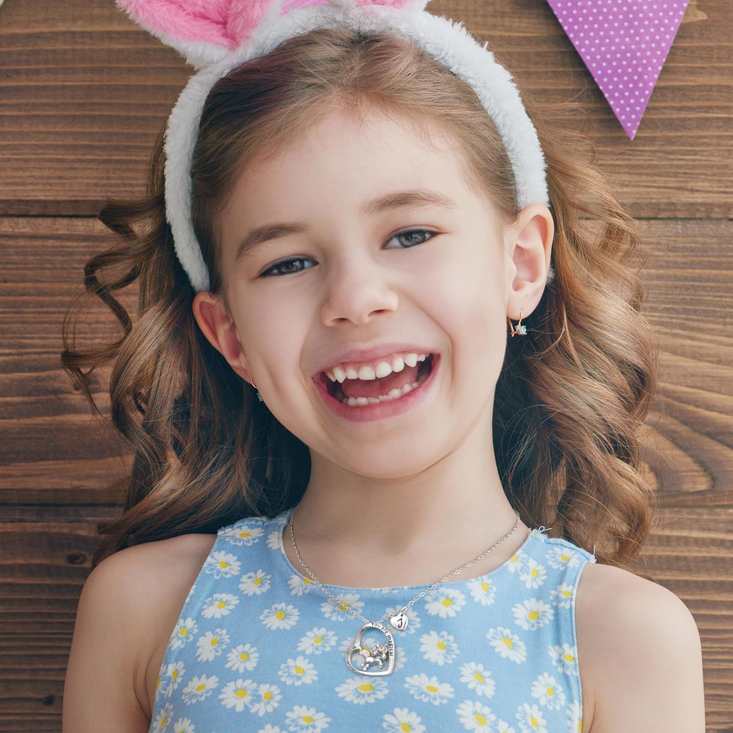 Unicorn Necklace for Girls, White Gold Plated Heart Pendant with Colorful CZ, Initial Unicorn Jewelry for Kids Teen Girls Birthday Gifts, Hypoallergenic, No Tarnish