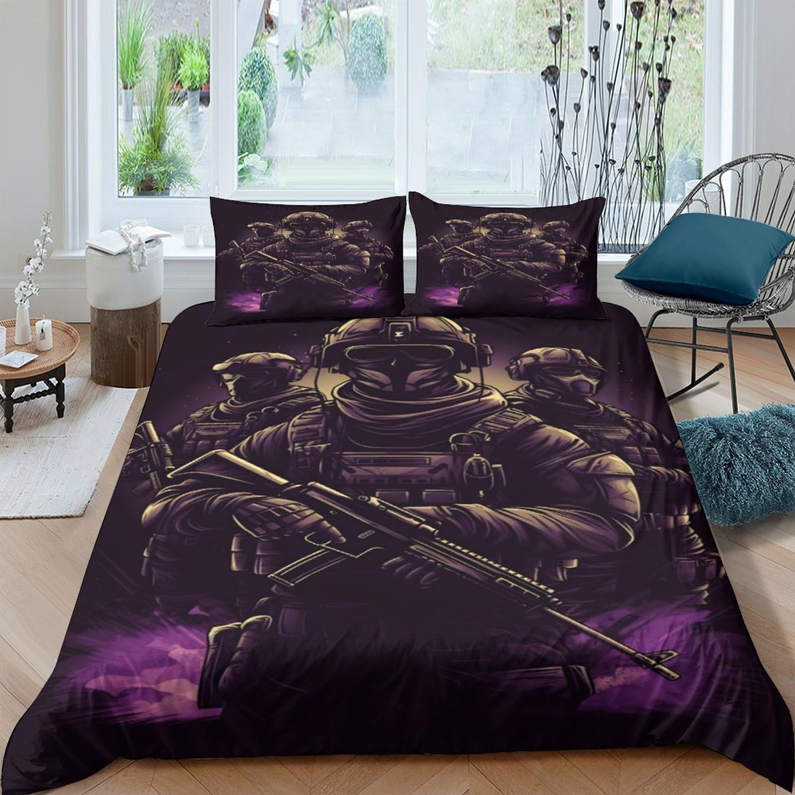 GPLZQXKJNH 3D Printed Tactical Soldier Duvet Cover Set Microfiber Breathable Camouflage Bedding Set with 2 Pillowcases for Bedroom Decor Single（135x200cm）