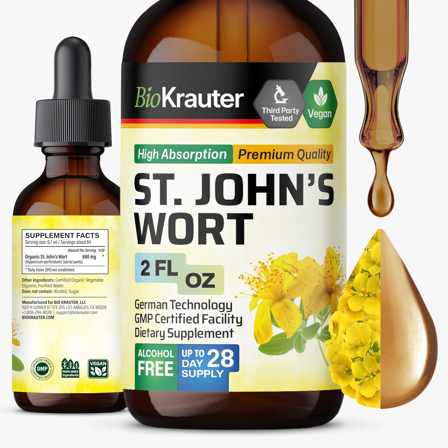 BIO KRAUTER St John’s Wort Tincture – Hypericum Perforatum Liquid Extract for Mood Support – High Absorption – Vegan Drops 2 Fl.Oz.