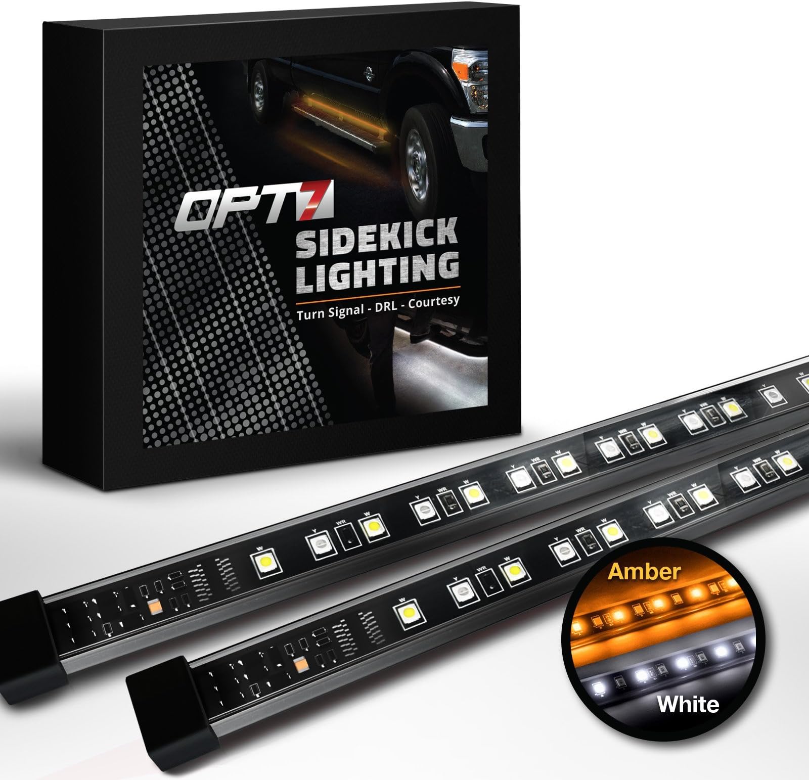 OPT7 2pc 60" Side Kick Running Board LED Strips w/Amber Turn Signal, DRL, and White Courtesy Light