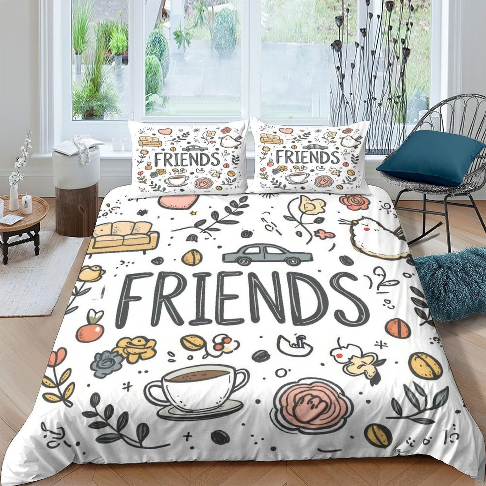 Ctjqhvkz Style-1 3D Printed Friends Illustration Fitted Sheet Microfiber Cute Doodle Bed Cover For Adult Bedroom Guest Room Decor Single（135X200cm）