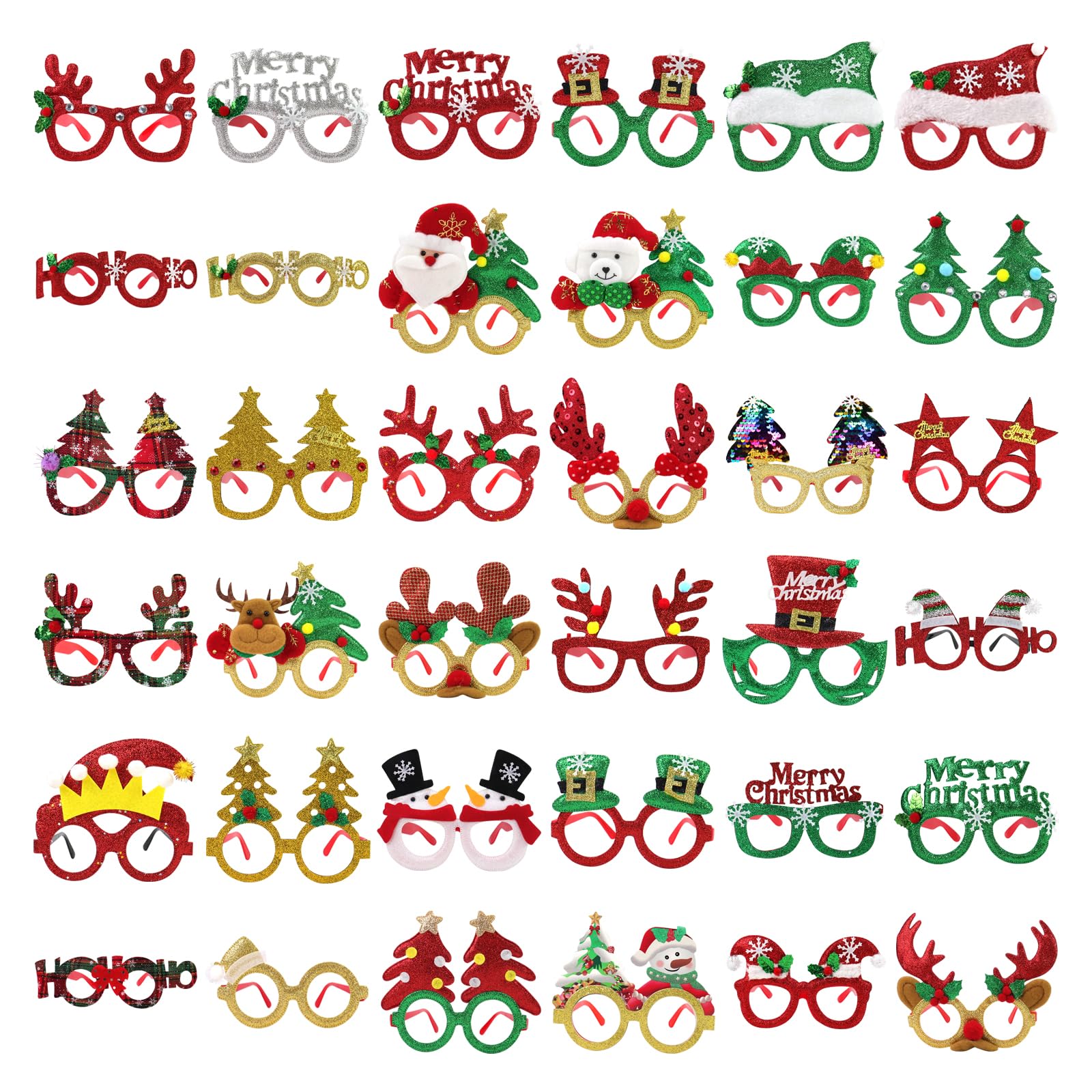 36 marcos de gafas de Navidad, lentes con purpurina para árbol de Navidad, Papá Noel, reno, accesorios divertidos de decoración de fiesta de Navidad para niños y adultos, accesorios de cabina de fotos