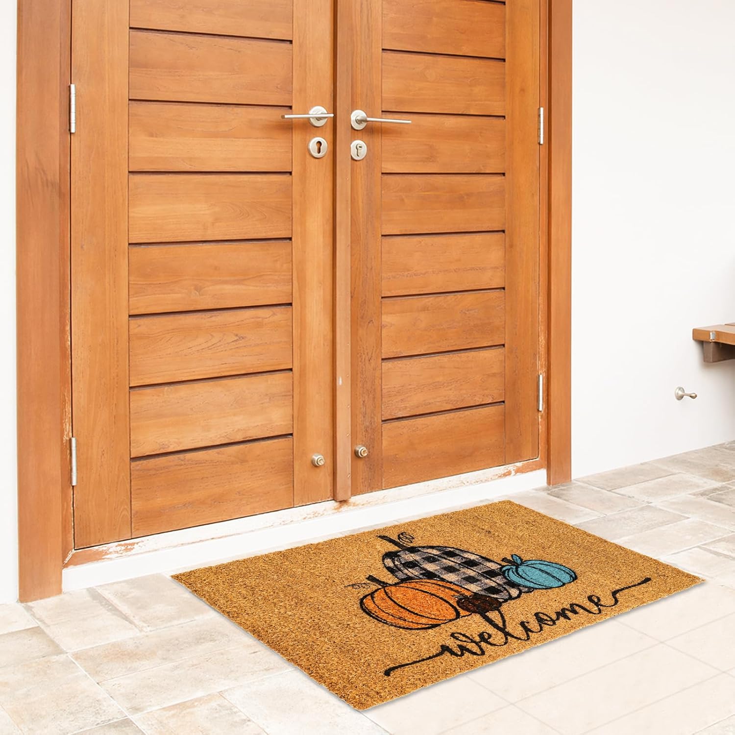 Whaline Fall Door Mats Natural Coir Welcome Doormat Pumpkin Non Slip Farmhouse Rectangle Front Door Rugs Floor Mat for Outdoor Entrance Porch Decor, 16 x 28 Inch
