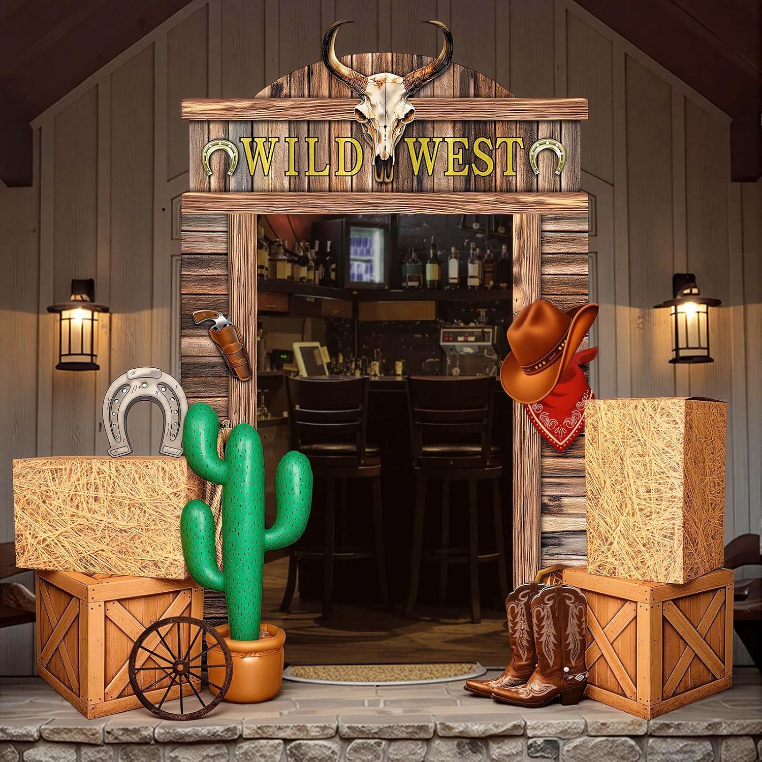 12pcs Western Cowboy Party Decorations,Wild West Door Backdrop Banner , Inflatable Cactus Props, Hay Bales , Wagon Wheel ,Horseshoe,Card Hat for Birthday Wedding Party