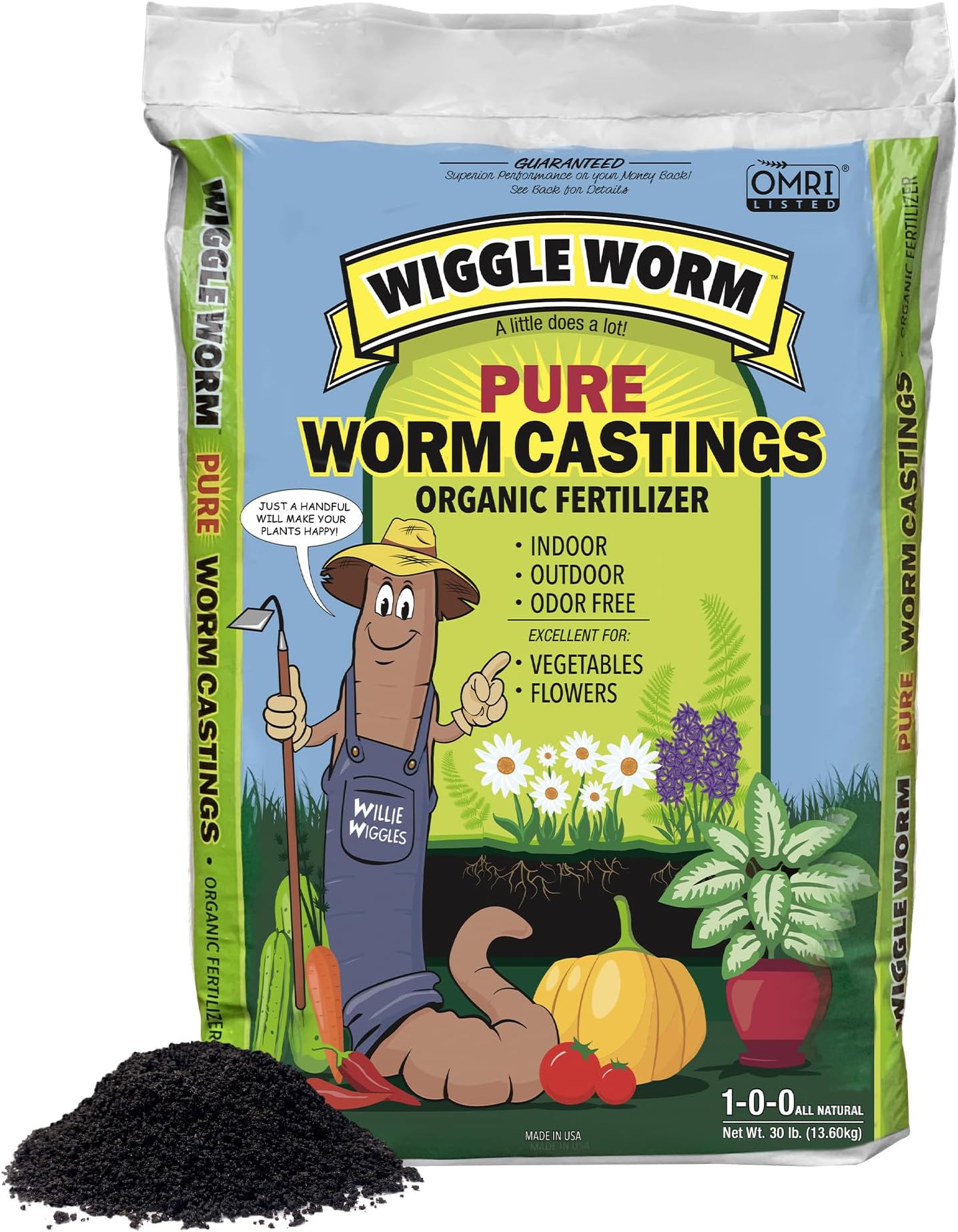 Wiggle Worm 100% Pure Organic Worm Castings 30 Pounds - Organic Fertilizer for Houseplants, Vegetables, and More – OMRI-Listed Earthworm Castings to Help Improve Soil Fertility and Aeration