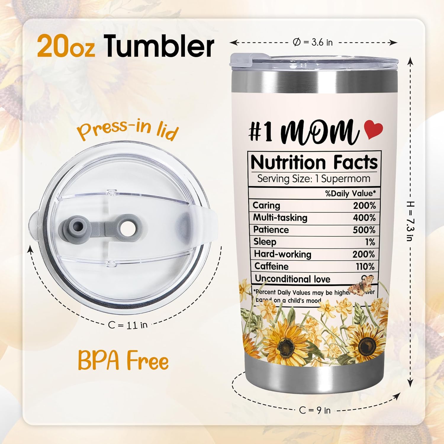 TEEZWONDER Birthday Gifts for Mom from Daughter Son - #1 Nutrition Facts Sunflower Stainless Steel Insulated Coffee Tumbler with Lid 20 oz - Mothers Birthday Gifts for Mama Grandma Women - Image 2
