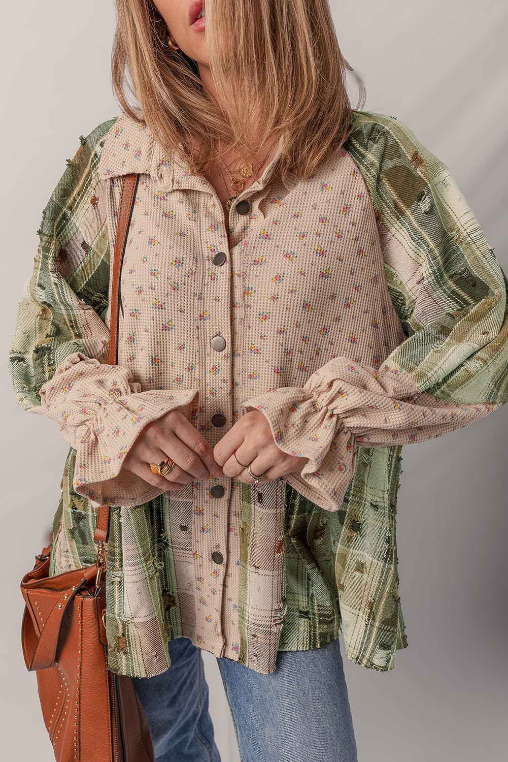 KevaMolly Waffle Knit Button Down Shirt for Women Ruffled Sleeve Boho Floral Plaid Patchwork Loose Boyfriend Shacket Tops - Image 4