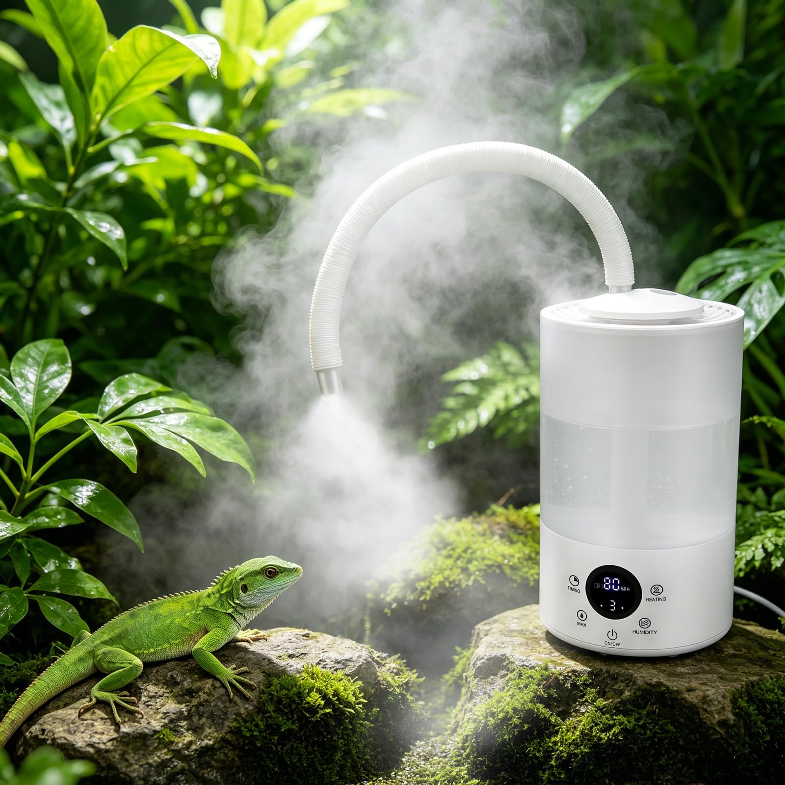 Umidificatore per rettili, 4 l, nebulizzatore per terrario con sensore di umidità, timer, doppio tubo estensibile, ultra silenzioso, grande macchina per nebulizzazione per rettili anfibi piante