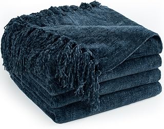 Chenille Throw Blanket for Couch 60"X 80" Twin, Soft Cozy Throws with Fringe Tassel for Bed Sofa Chair Cover, Lightweight Knitted Decorative Boho Blankets for Living Room, Navy Blue