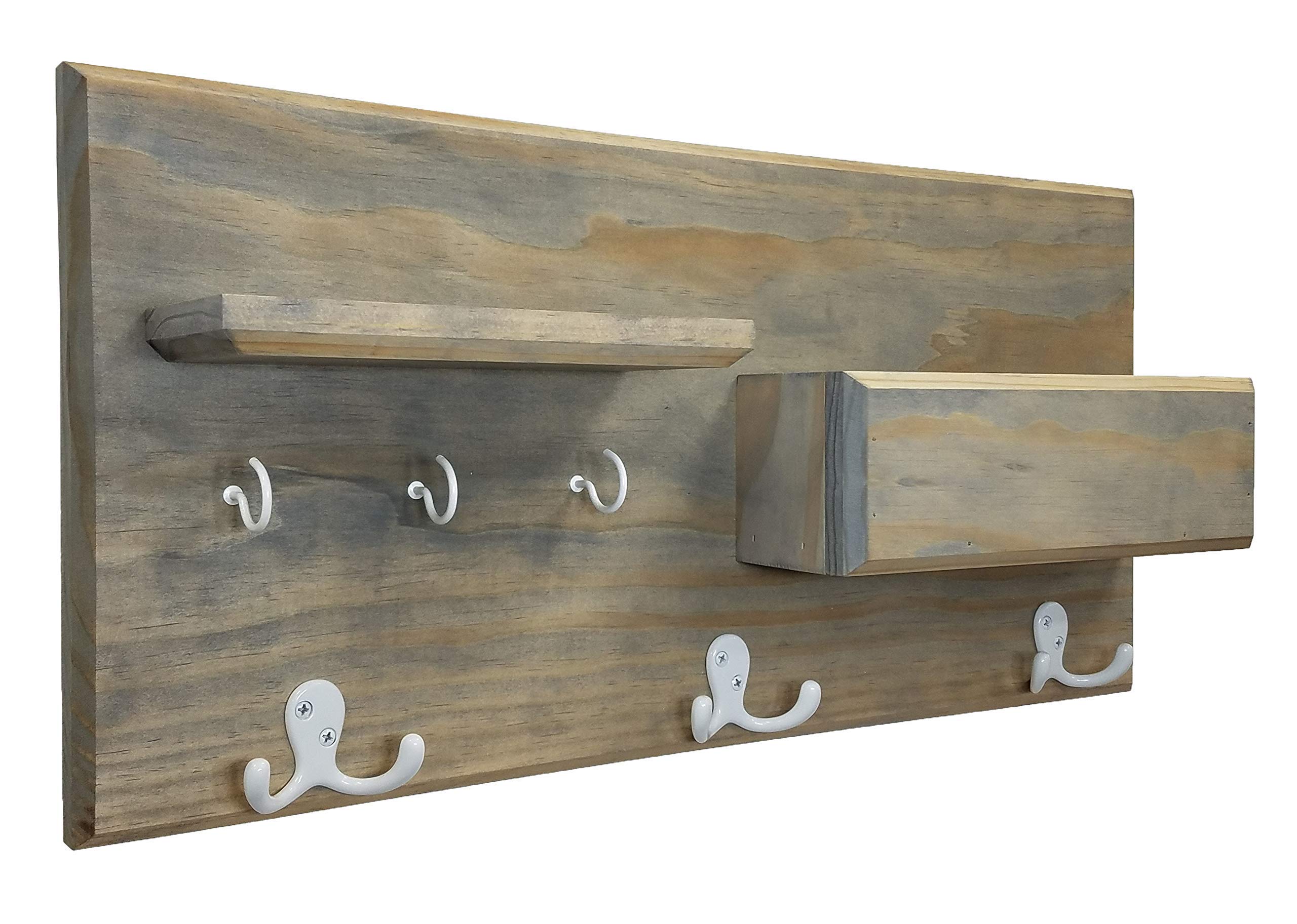 Hamilton Elite Wall Mounted Organizer features 3 double coat hooks, 3 key hooks, display shelf along with a mail holder. Available in 20 Stains : Shown in Classic Gray