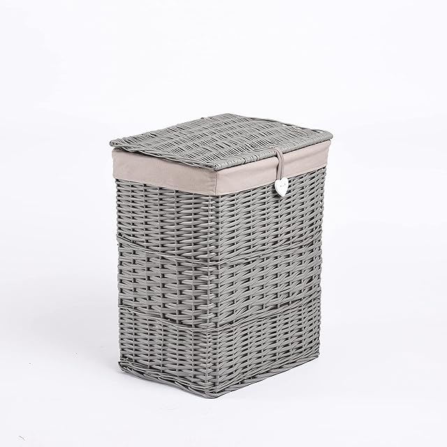 60L Wicker Laundry Wicker Basket With Liner With Lid Bathroom Storage Iron Basket Blanket Basket (Grey)